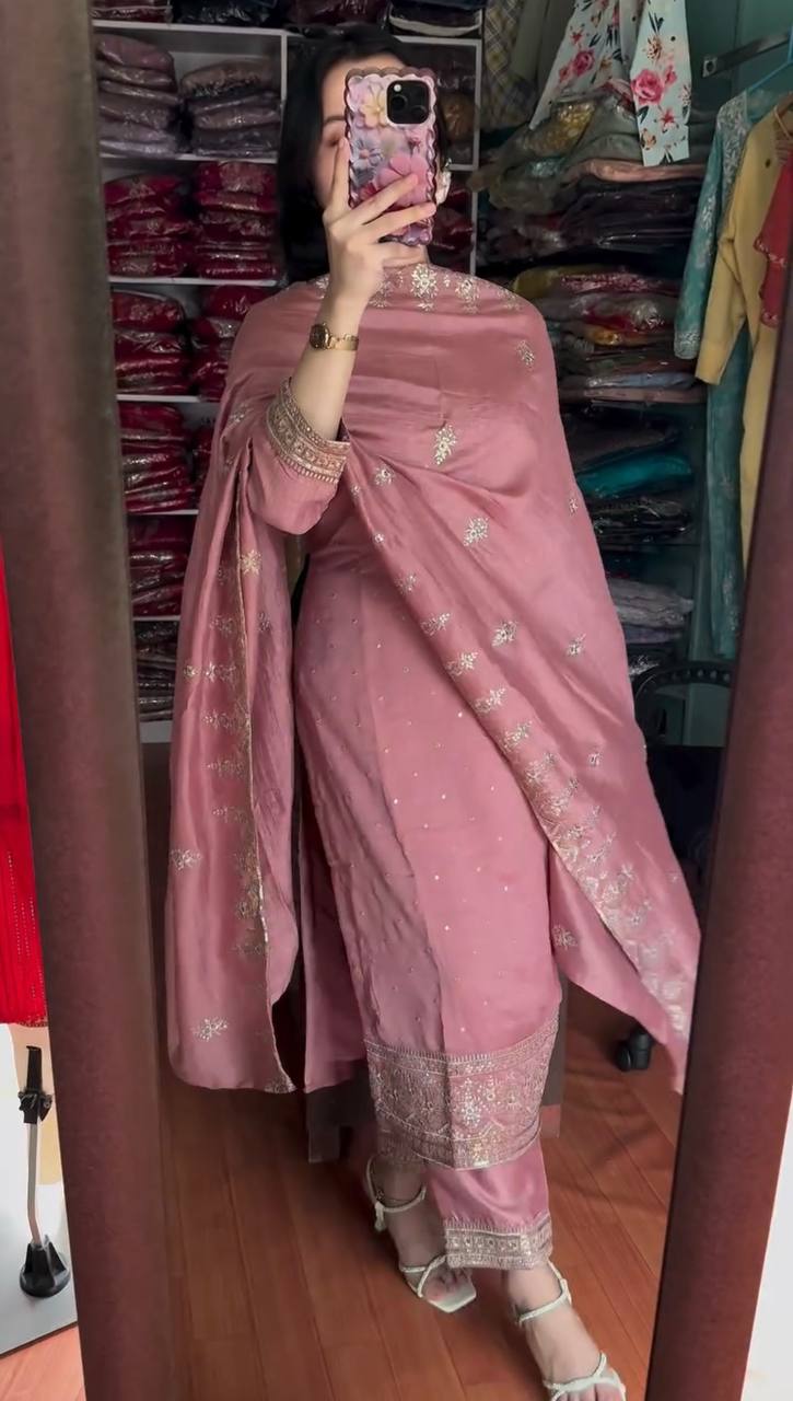 pink traditional outfit with embroidery