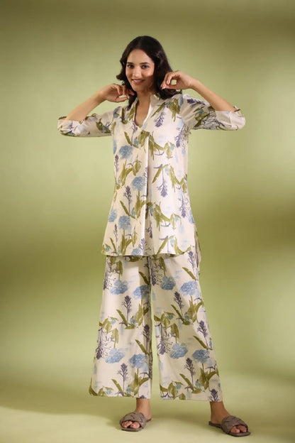 Cream Light Floral Leaves Printed  Cotton Top & Plazzo