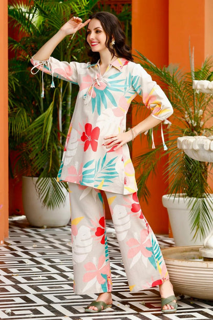 Charming Floral Printed Cotton Co-Ord Set For Women