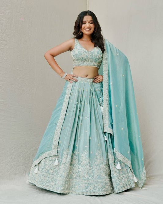 Sea Green Color Roman Silk Thread With Sequence Work Lehenga Choli