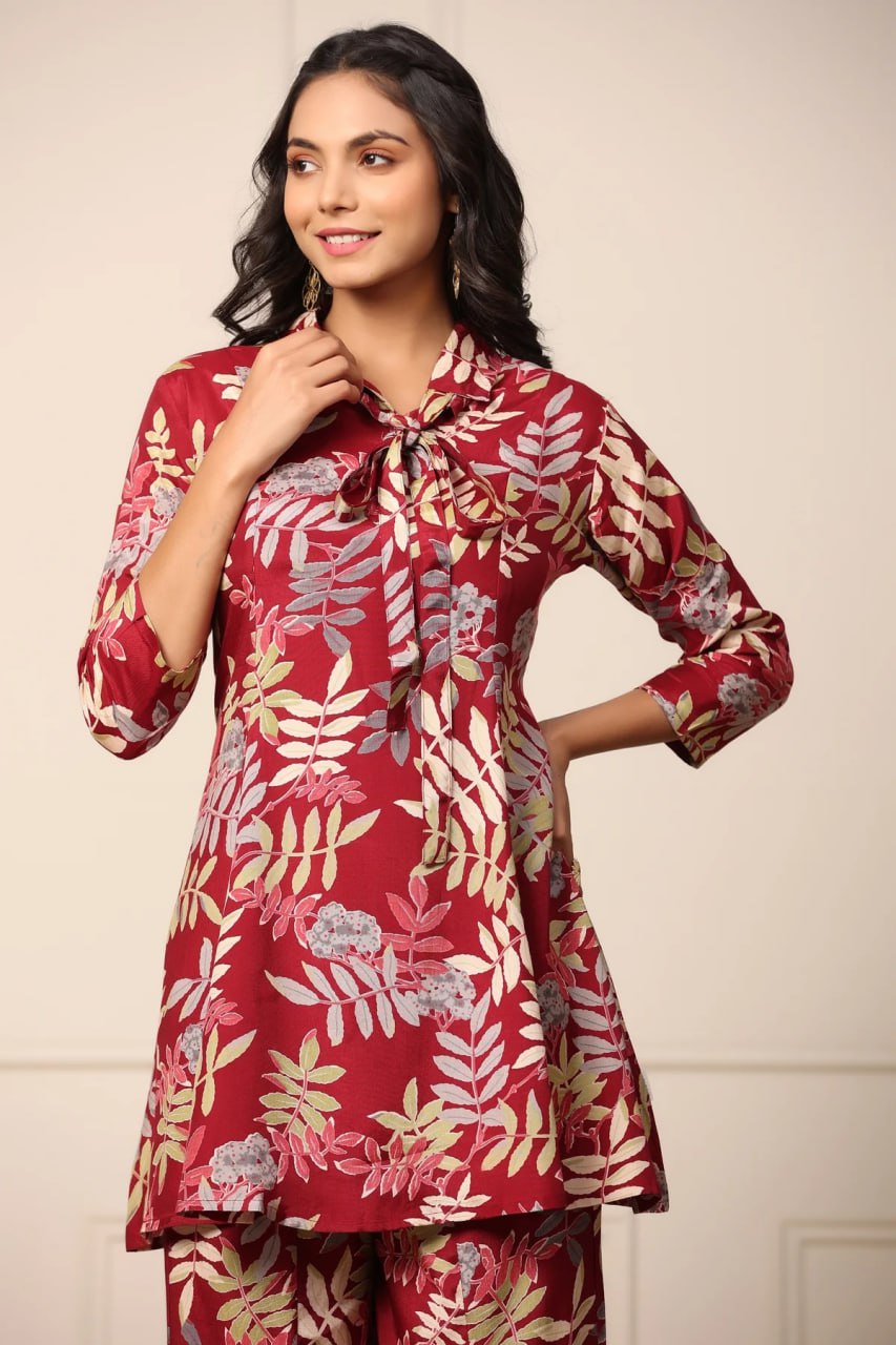 Beautiful Red Leaves Cotton Printed Top & Plazzo Set