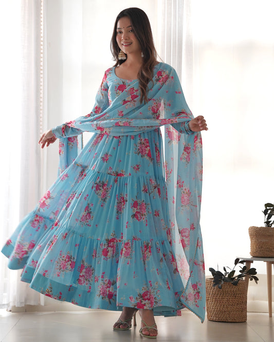 Sky Blue Color Flower Digital Printed Long Anarkali Gown