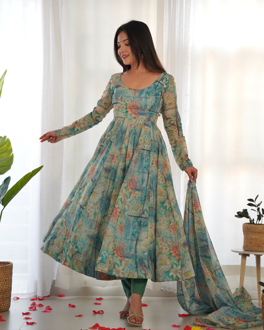 Green Color Soft Organza Silk With Digital Printed Long Anarkali Gown