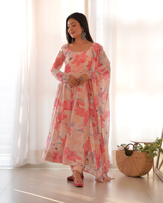 Pink Color Faux Georgette With Floral Print Anarkali Suit