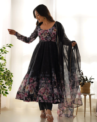 Black Color Soft Organza With Flower Printed Long Anarkali Gown