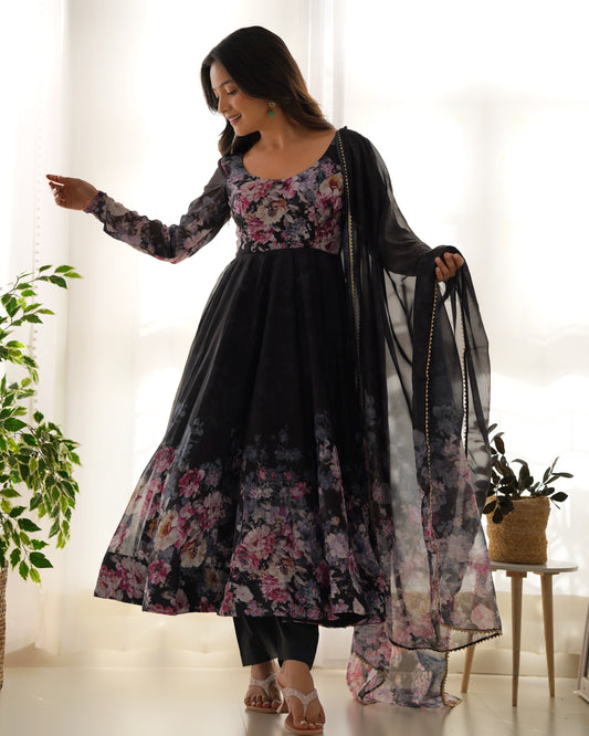 Black Color Soft Organza With Flower Printed Long Anarkali Gown