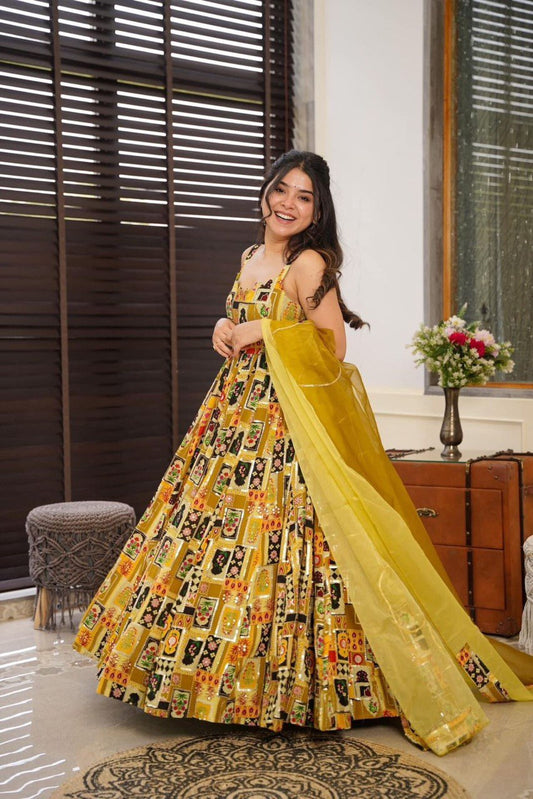 Yellow Color Beautiful Digital Printed Long Anarkali Gown With Dupatta