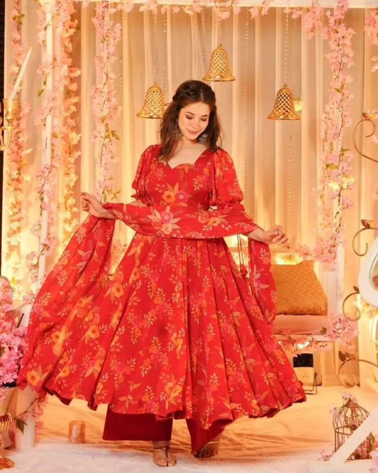 Red Color Digital Flower Printed Anarkali Suit