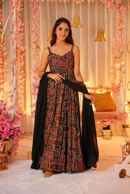 Coffee Color Jimmy Organza Silk With Digital Printed Gown With Dupatta