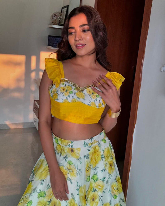 Yellow Color Digital Flower Printed Haldi Function Wear Lehenga Choli