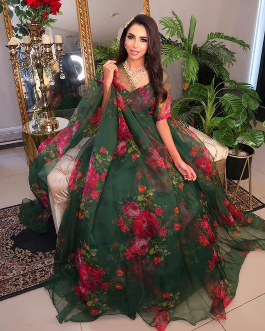 Green Color Pure Organza Silk With Flower Printed Lehenga Choli