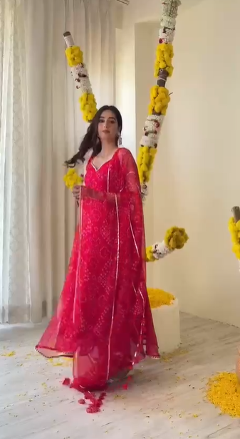Red Color Digital Printed Organza Silk Fully Flair Anarkali Suit
