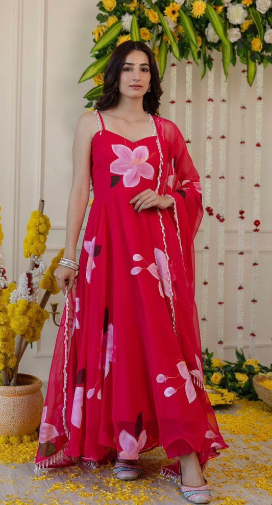 Pink Color Flower Printed Long Anarkali Suit With Dupatta
