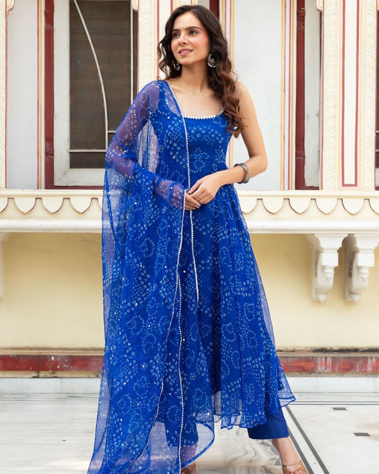 Royal Blue Color Digital Printed Fully Flair Anarkali Suit