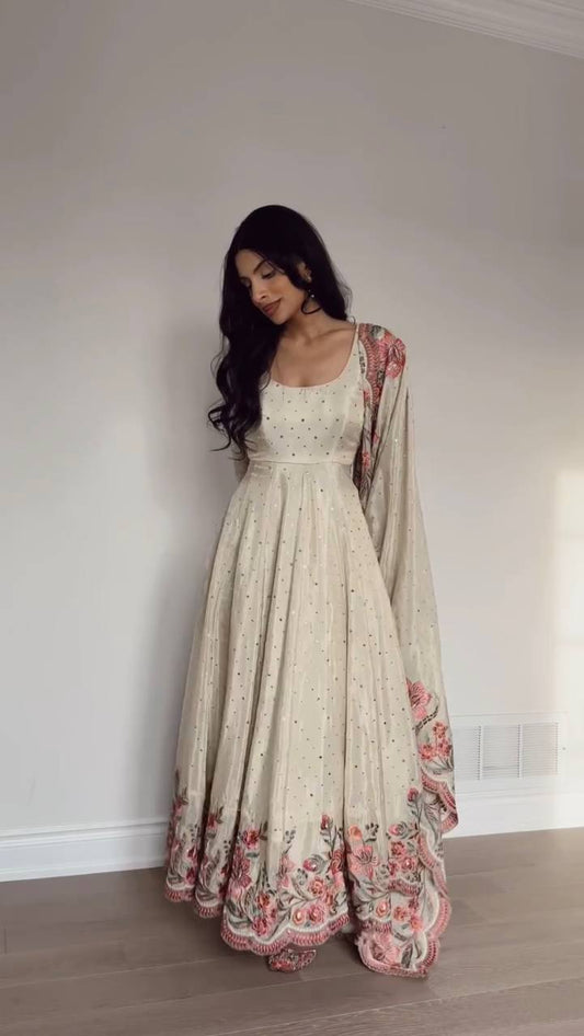 Cream Color Thread With Sequence Work Anarkali Gown With Dupatta