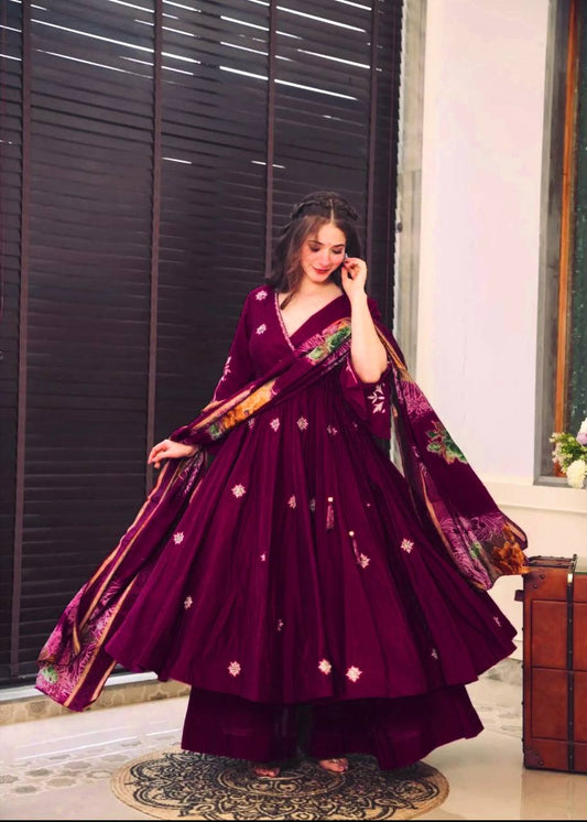 Captivating  Maroon WIne Designer Top With Plazo Set And Dupatta