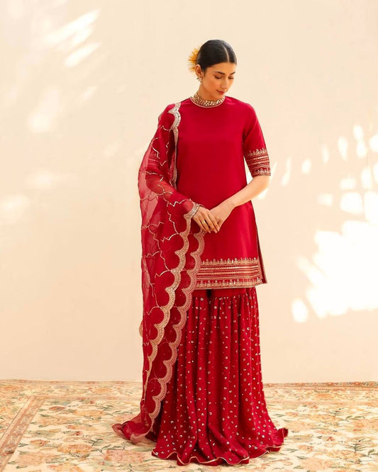 Radiant Designer Red Color Sequence Work Plazo Suit