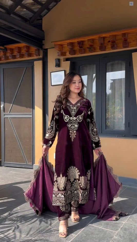Purple Heavy Velvet Sequence Work Now Trending Suit