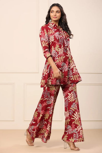 Beautiful Red Leaves Cotton Printed Top & Plazzo Set