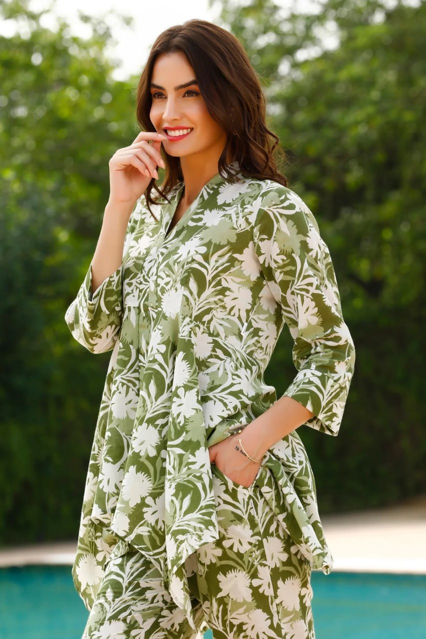 Green Leaves Cotton Printed Co-Ord Set For Women