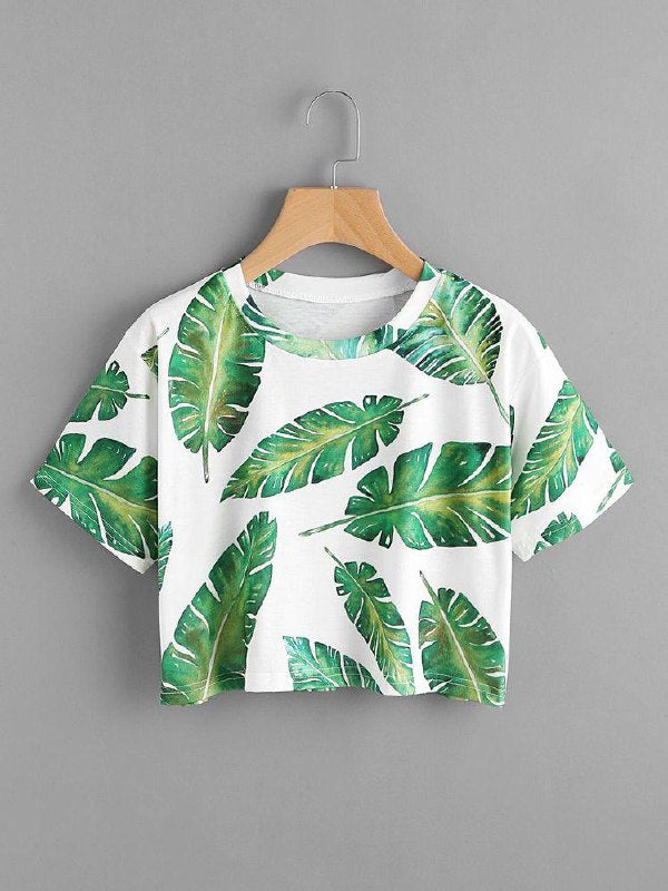 White & Green Colour Leaves Pattern Design Tshirt For Women