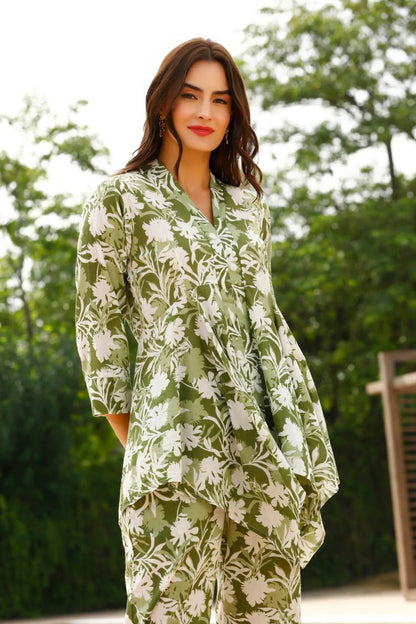 Green Leaves Cotton Printed Co-Ord Set For Women