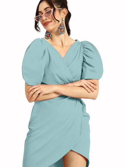 Sea Green Colour Body Cone Dresses Puff Sleeve For Women