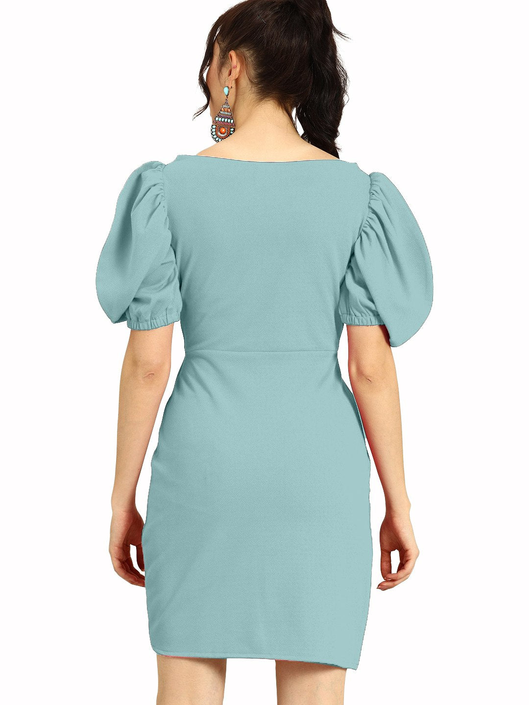 Sea Green Colour Body Cone Dresses Puff Sleeve For Women