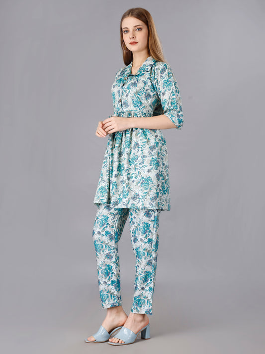 Beautiful Blueish Floral Printed Cotton Co-Ord Set