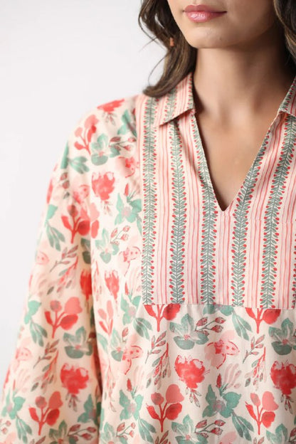 Peach Light Colour Floral & Striped Cotton Co-Ord Set For Women