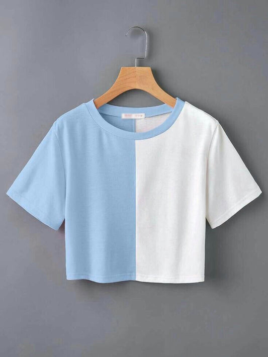 White & Light Blue Colour Block Casual Sleeves Top Women