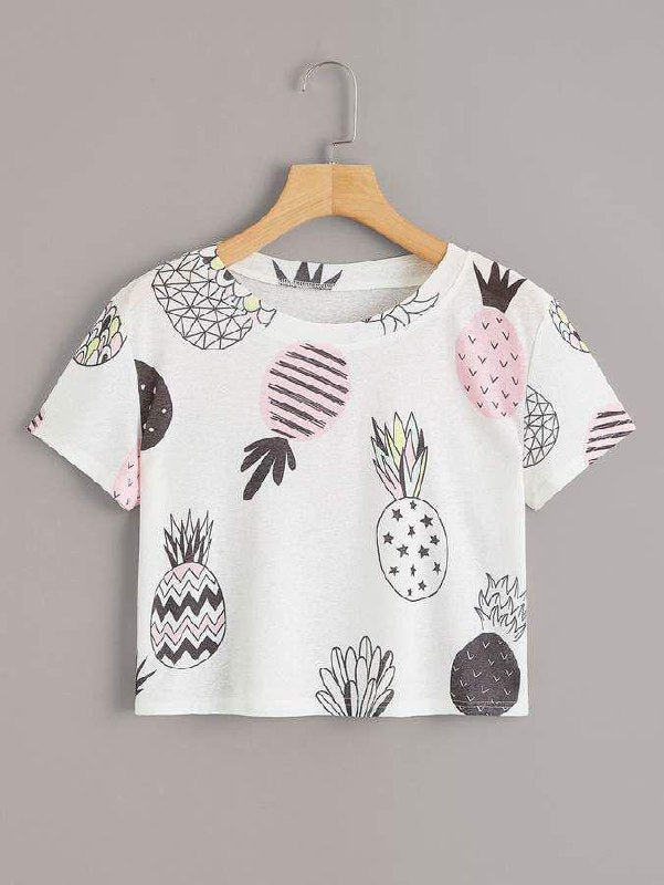 White Colour Unique Fruits Pattern Design Tshirt For Women
