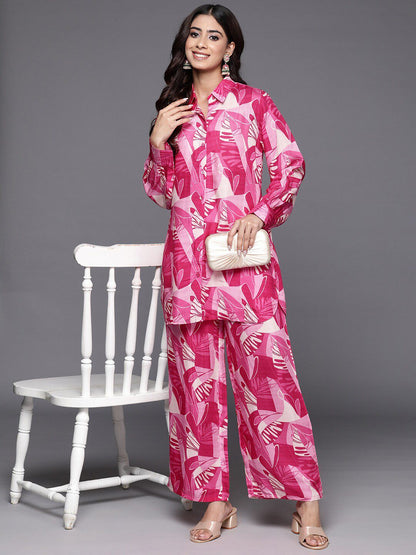 Beautiful Pink Floral Leaves Printed Cotton Co-Ord Set