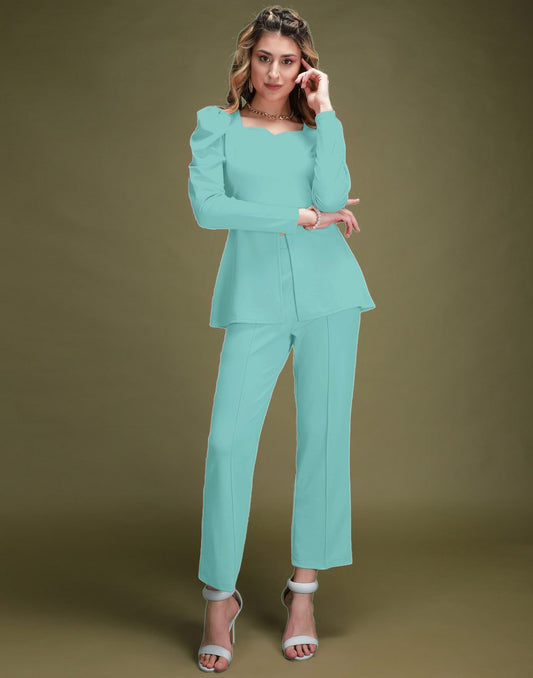 Sea Green Colour Knitted Top with Trousers Set For Women