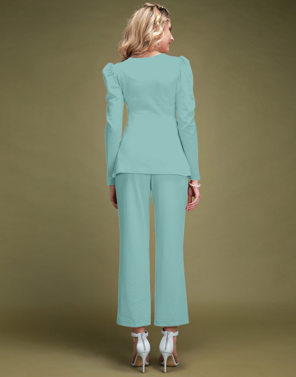 Sea Green Colour Knitted Top with Trousers Set For Women