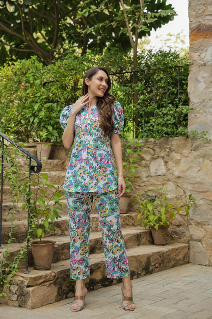 Fetching Floral & Multi Colour Digital Print Casual Trousers Set For Women