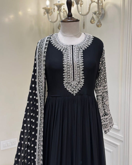 Black dress with white embroidery Work 