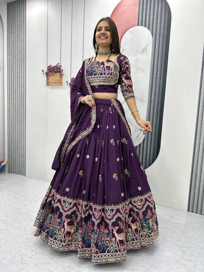 Woman in a purple embroidered traditional Lehenga 