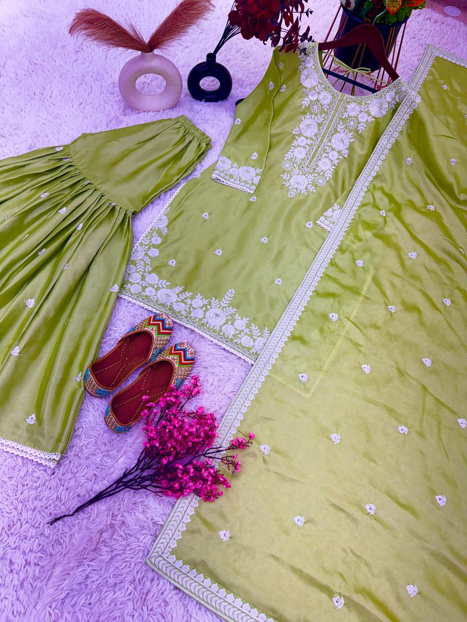 Green embroidered dress With Dupatta 