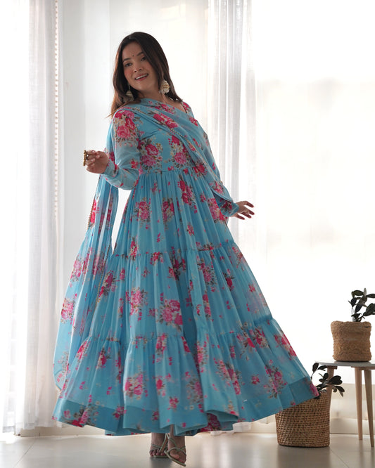 Sky Blue Color Flower Digital Printed Long Anarkali Gown