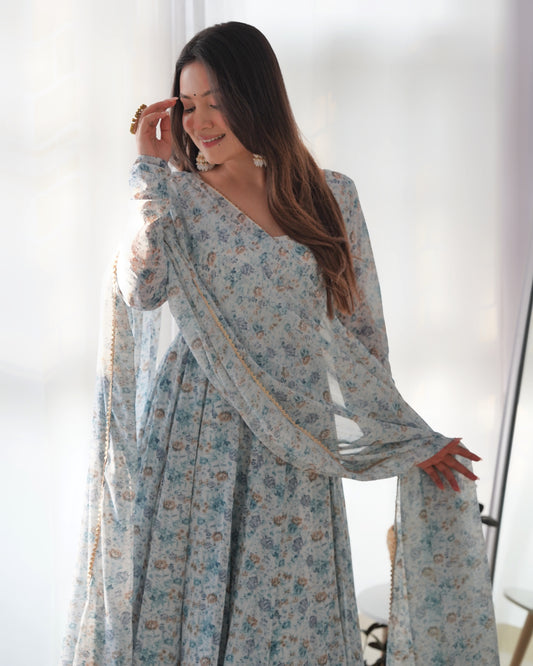 Sky Blue Color Flower Printed Designer Anarkali Gown With Dupatta