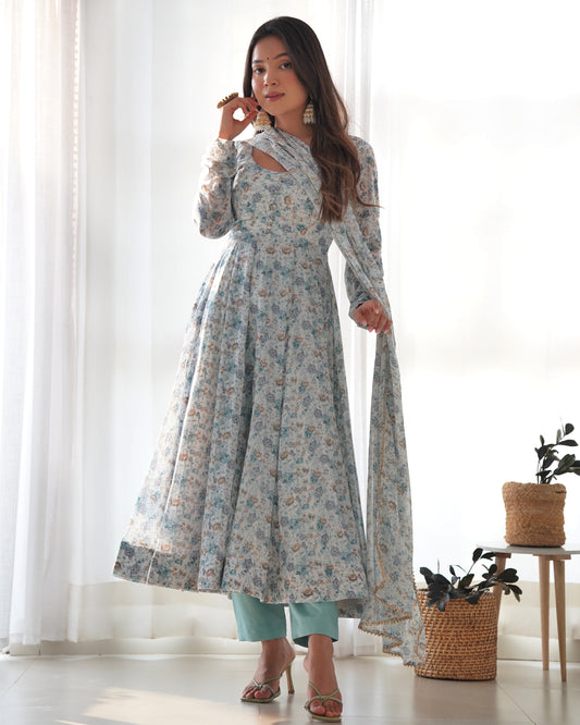 Sky Blue Color Flower Printed Designer Anarkali Gown With Dupatta