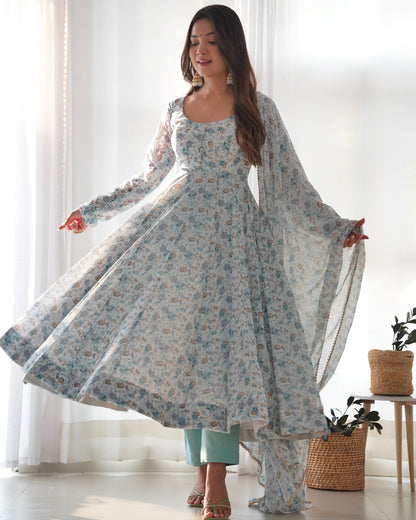 Sky Blue Color Flower Printed Designer Anarkali Gown With Dupatta