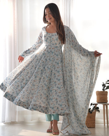 Sky Blue Color Flower Printed Designer Anarkali Gown With Dupatta