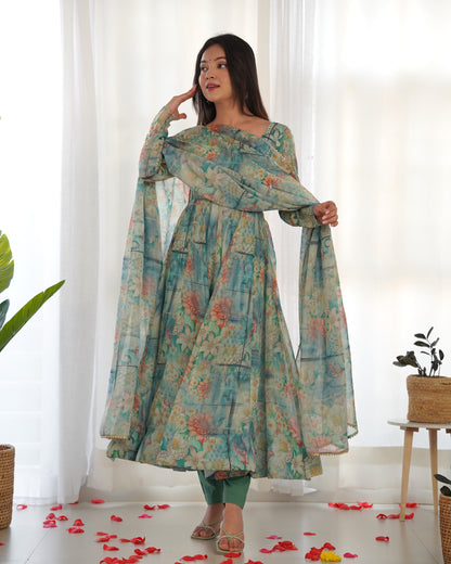 Green Color Soft Organza Silk With Digital Printed Long Anarkali Gown