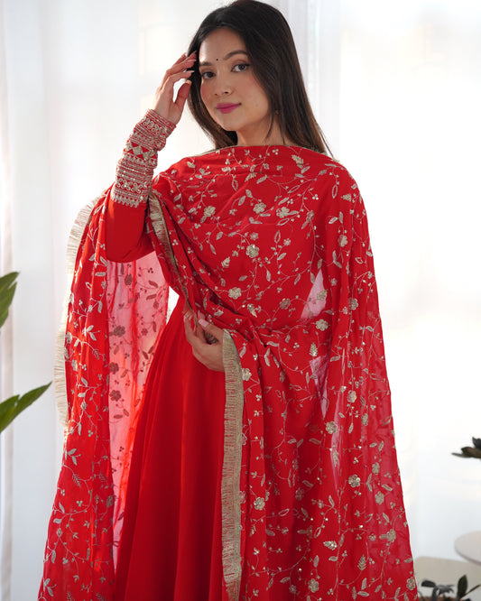 Red Color Heavy Soft Georgette With Sequence Work Long Gown With Dupatta