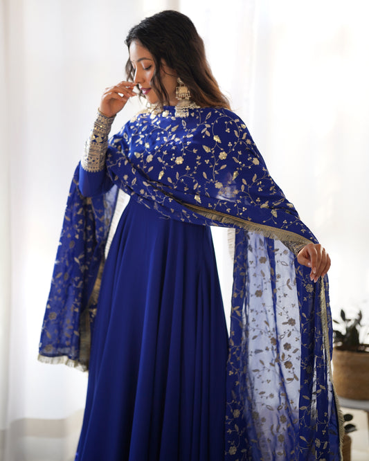 Royal Blue Color Soft Faux Georgette Wear Gown With Heavy Dupatta