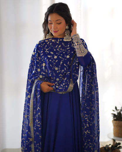 Royal Blue Color Soft Faux Georgette Wear Gown With Heavy Dupatta