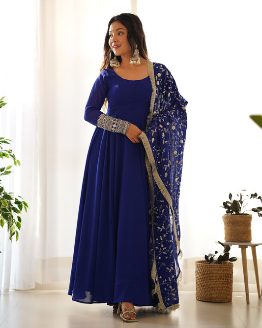 Royal Blue Color Soft Faux Georgette Wear Gown With Heavy Dupatta