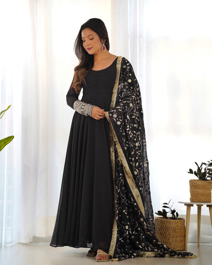 Black Color Heavy Pure Soft Georgette With Sequence Work Gown With Dupatta